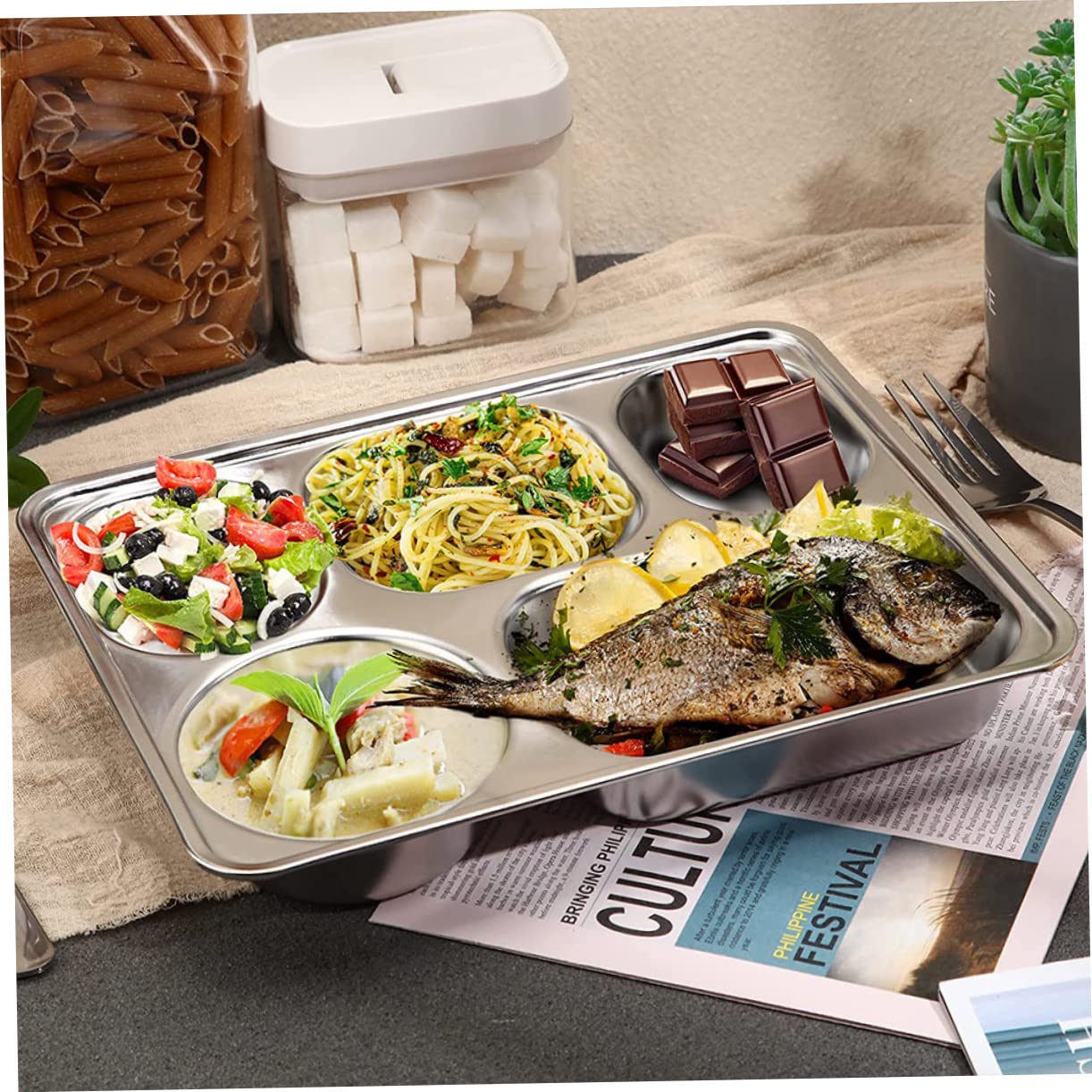 DECHOUS 3 Stück Edelstahl Portionsteller mit Unterteilung Silber
