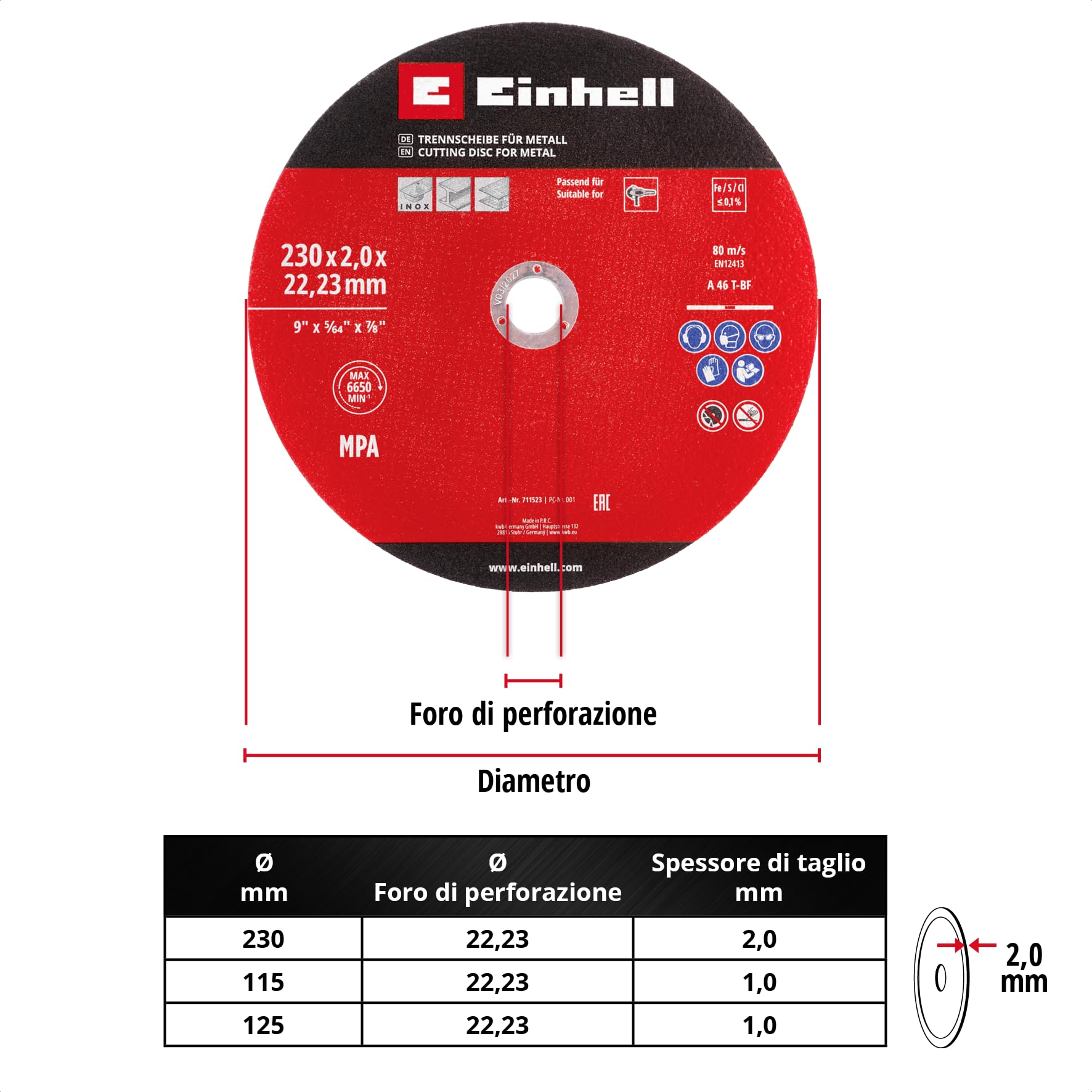 Originale Einhell Set di 3 pezzi di dischi da taglio sottili per metallo, Ø 230 mm (spessore 2 mm, certificato MPA, lunga durata, tagli precisi e a bassa sbavatura, per smerigliatrici angolari)