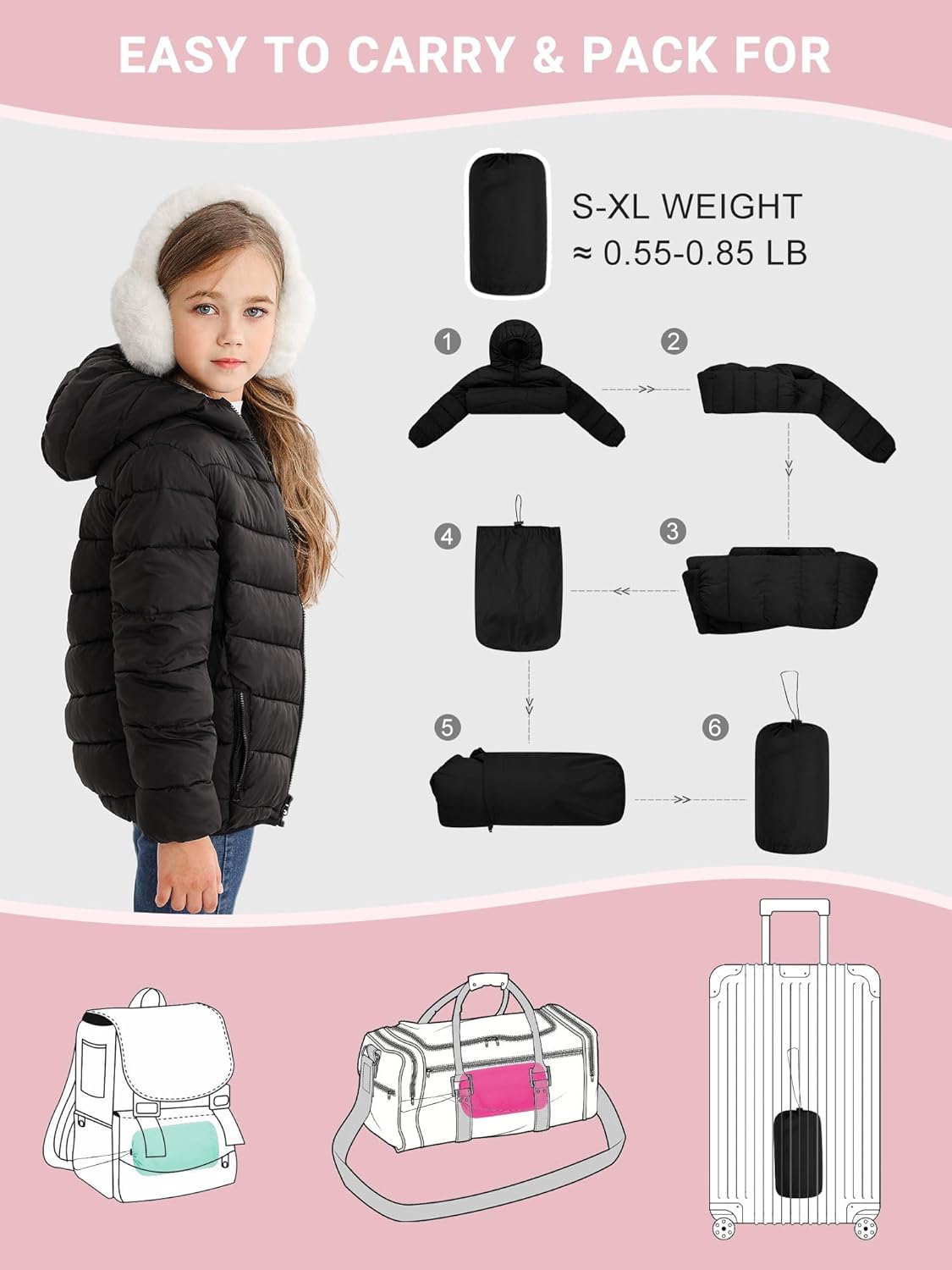 Lovekider 4-12 Years Girls Winter Coats Packable Lightweight Hooded Puffer Jackets with Zipper Pocket - Image 2