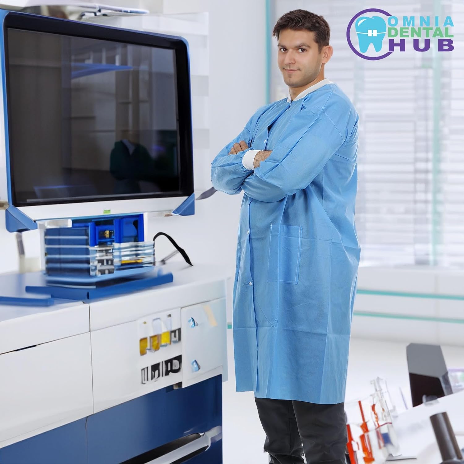 Omnia Dental Disposable Lab Coats | Durable SMS 45g Soft Knit Cuffs & Collar With 3 Pockets | Knee Length Medical Lab Coat