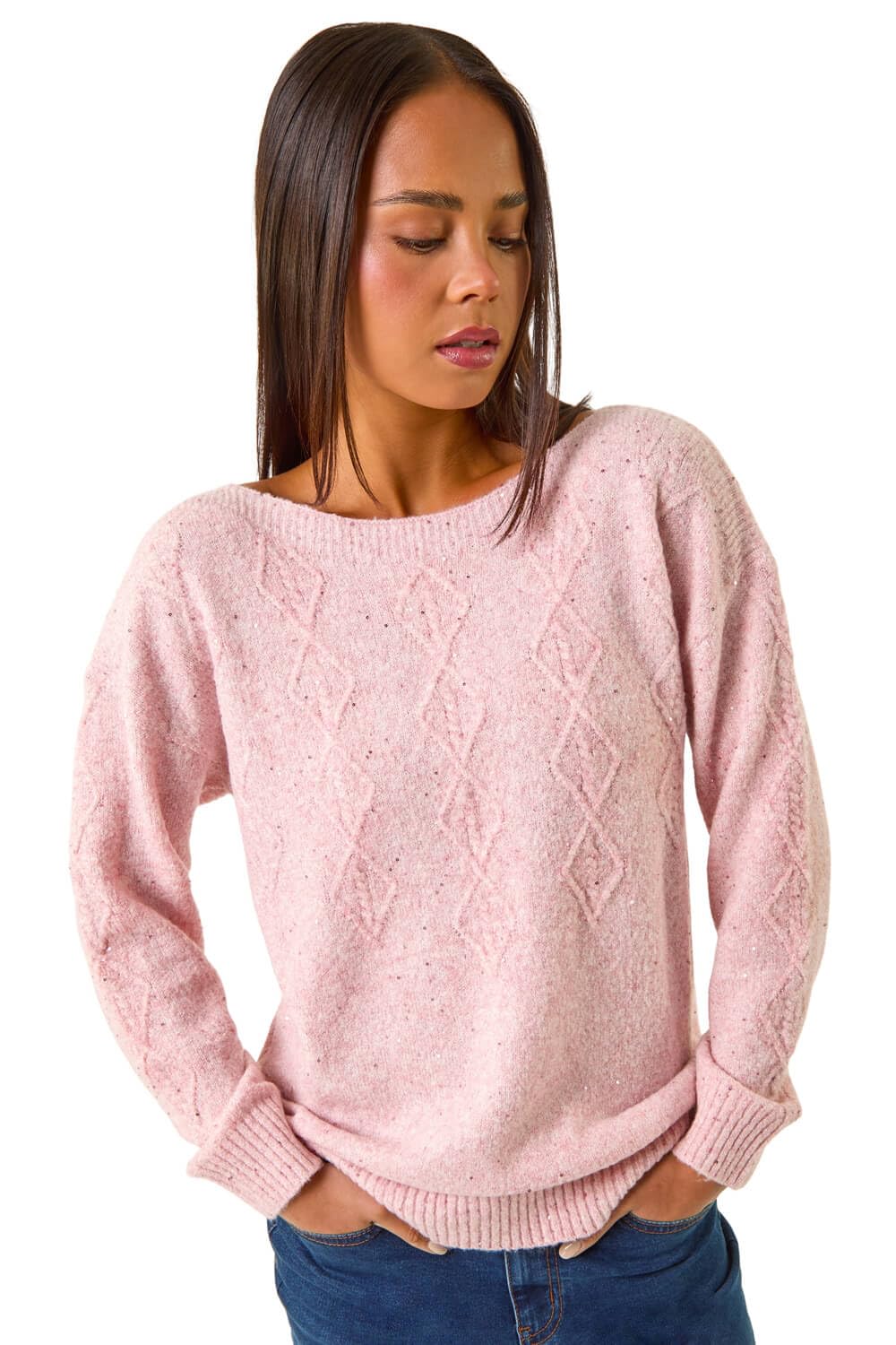Roman Petite Women's Light Pink Sequin Cable Knit Jumper Size 14