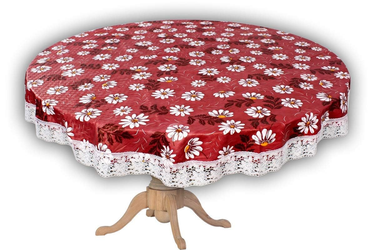 Center & Dining Table Cover Red Color Flower Printed Table Cloth with White Lace - Waterpoof & Dustproof Round Shape Table Cloth (40" Round)-Table Cloth Red 43-image-0