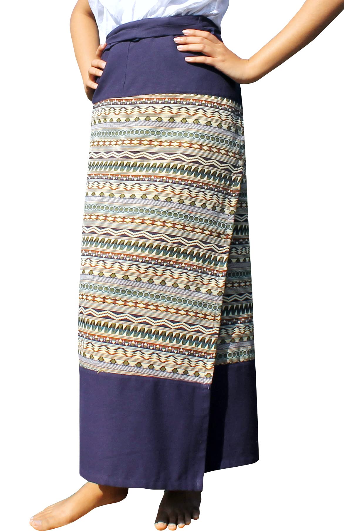 RaanPahMuangThick Woven Cotton Thai Traditional Wrap Skirt with Waist Ties