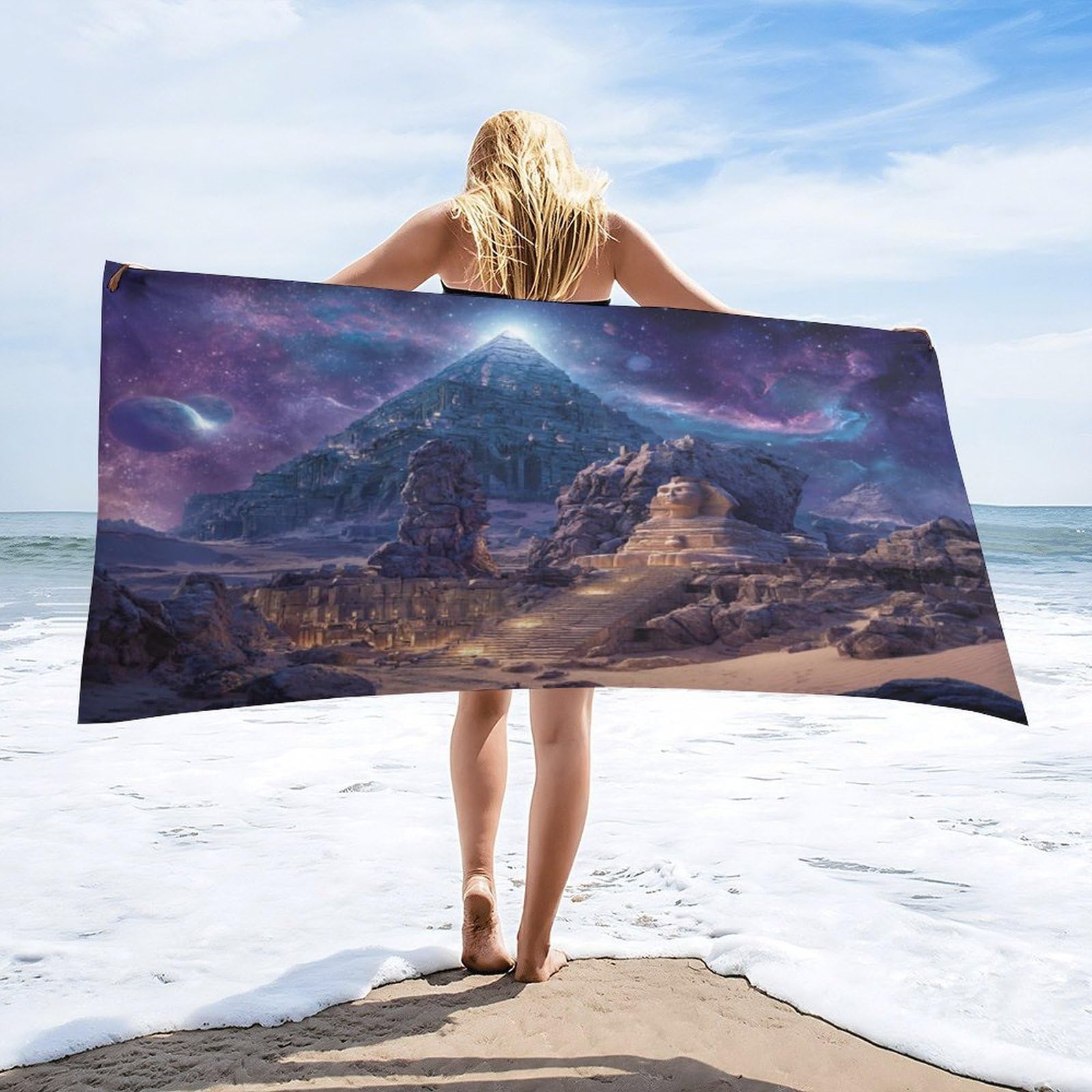 Luyysky Colorful Realistic Pyramid Egypt Absorbent Beach Towel, Rustic Watercolor Starry Sky Planet Egyptian Outdoor Single-Sided Velvet Beach Towel-80 W Cm X 160" L Cm