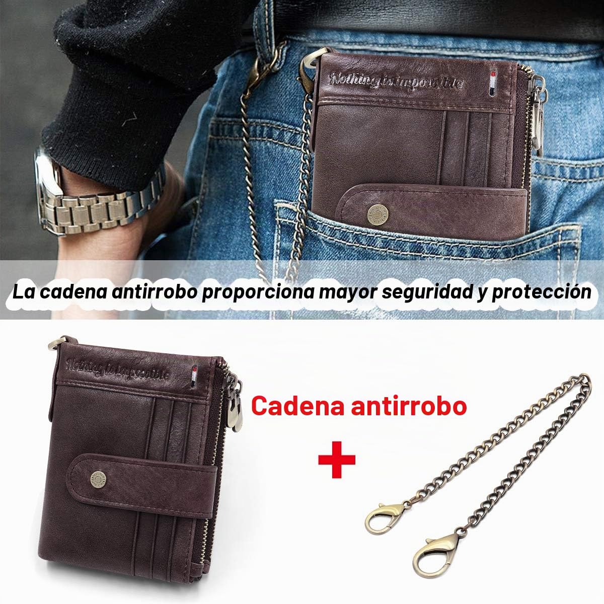 REETEE Carteras para Hombre Billetera de Piel con RFID Bloqueo Billeteras Hombre y Monedero con Cremallera, Monedero Hombre Pequeño19 Ranuras para Tarjetas y Cartera Hombre con Cadena