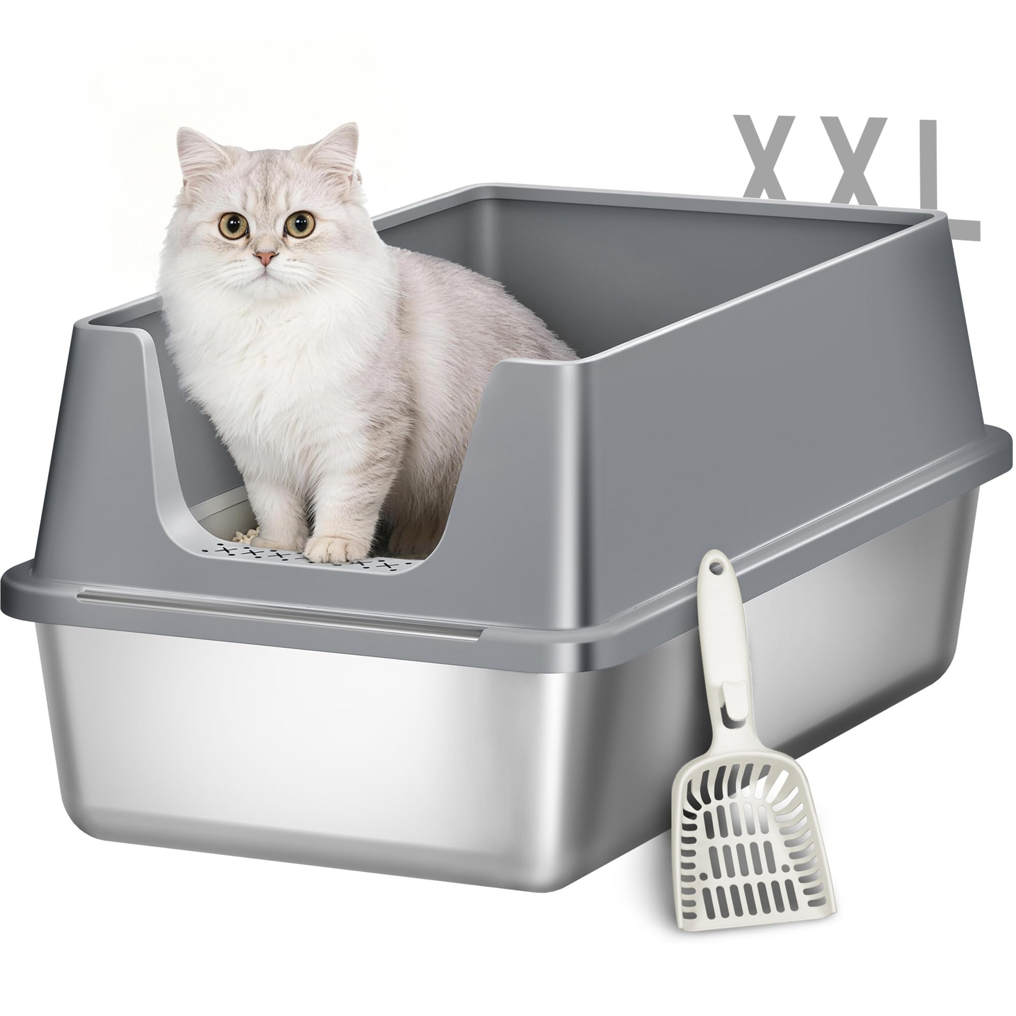 Arenero Acero Inoxidable Gatos, XXL Arenero Metalico para Gato, Caja de Arena Grande para Gatos, Laterales Altos, Incluye Pala, Fácil de Limpiar, 60,5 x 40 x 29 cm, Gris Oscuro, FPLB003SG2