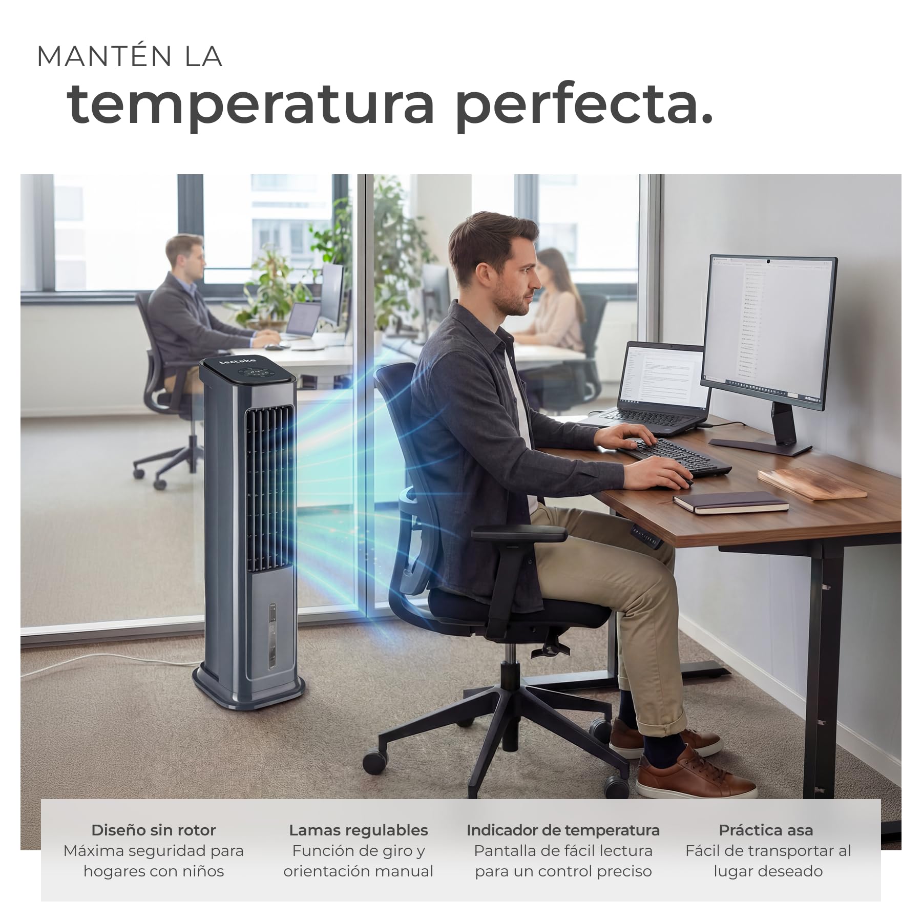 tectake® Ventilador de Pie 4 en 1, Aire Acondicionado Portatil con Oscilación, Climatizador Portatil con Depósito 5L, Ventilador Silencioso con Temporizador 12h y 3 Modos y Velocidades - Antracita