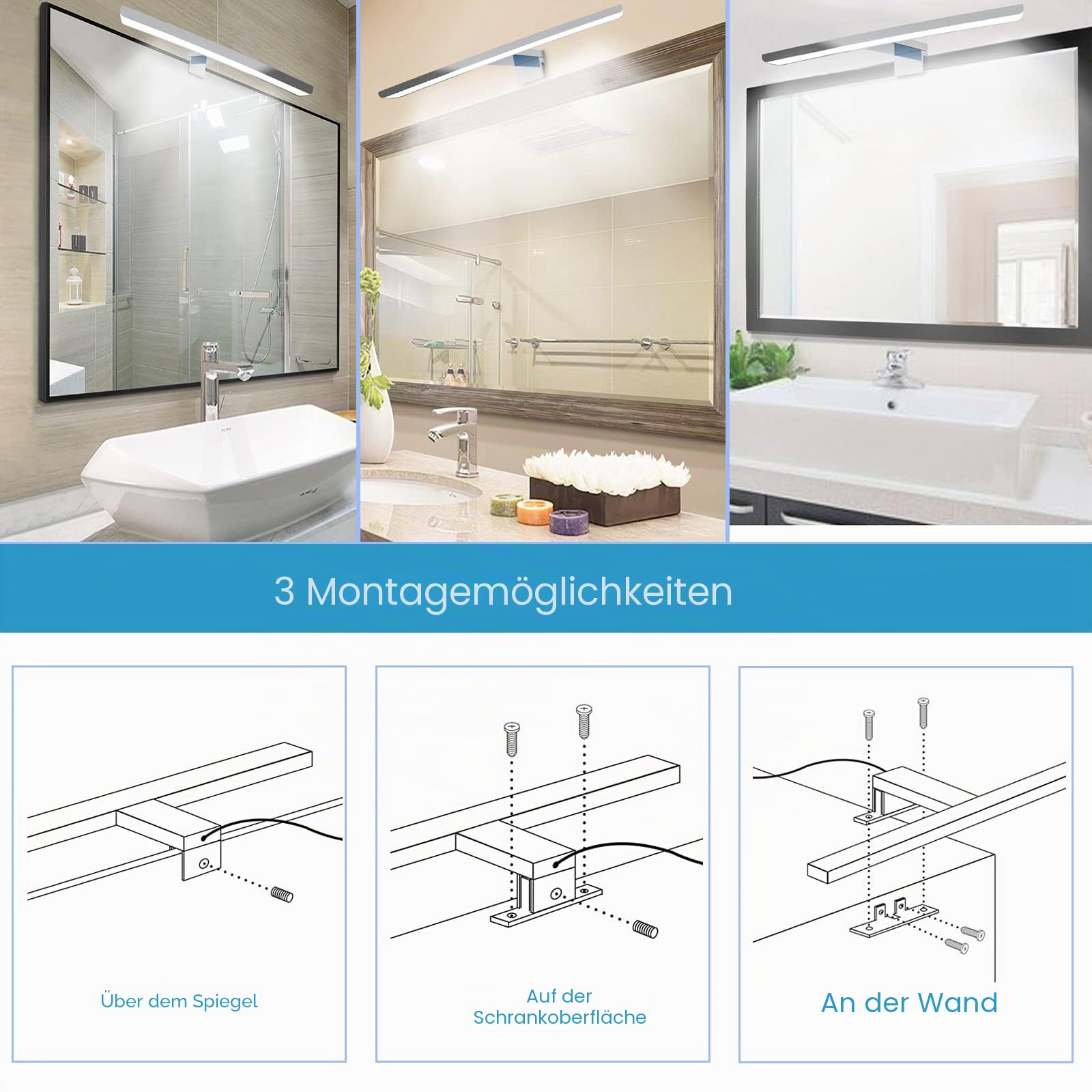 60cm LED Spiegelleuchte, 13W 1000lm Warmweiß 3000K, Chrom-Finish, IP44 Wasserdicht, 230V, 3-in-1 Installation für Badezimmer, Schminktisch, 2 Jahre Garantie