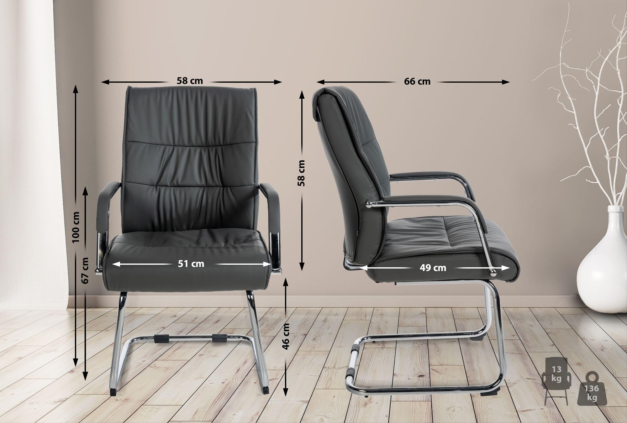 CLP Sedia Cantilever con Braccioli Sievert I Poltrona da Ufficio in Similpelle con Schienale I Sedia Ospiti in Metallo Cromato, Colore:Grigio