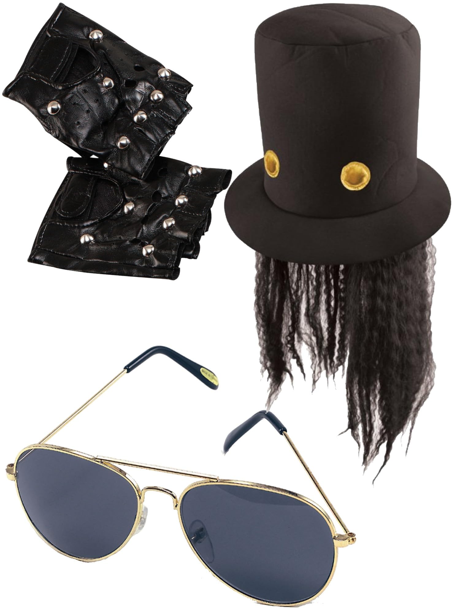Mega_Jumble® 80s Slash Guitar Hero Punk Rocker Kit - Rock Star Hat with Hair, Black Studded Gloves & Sunglasses Fancy Dress Mad Biker/Rocker Set