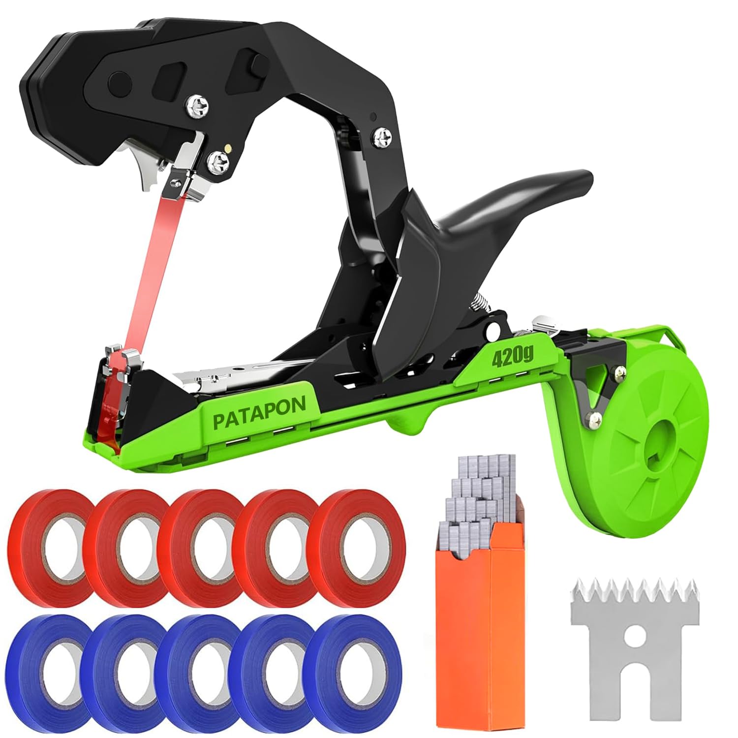 Plant Tying Machine, Lightweight Plant Vine Tying Tape Machine Tool, Plant Tape Gun for Tomatoes, Grapes and Vegetable Garden, Come with 10000pcs Staples 10 Rolls Tape (Green)