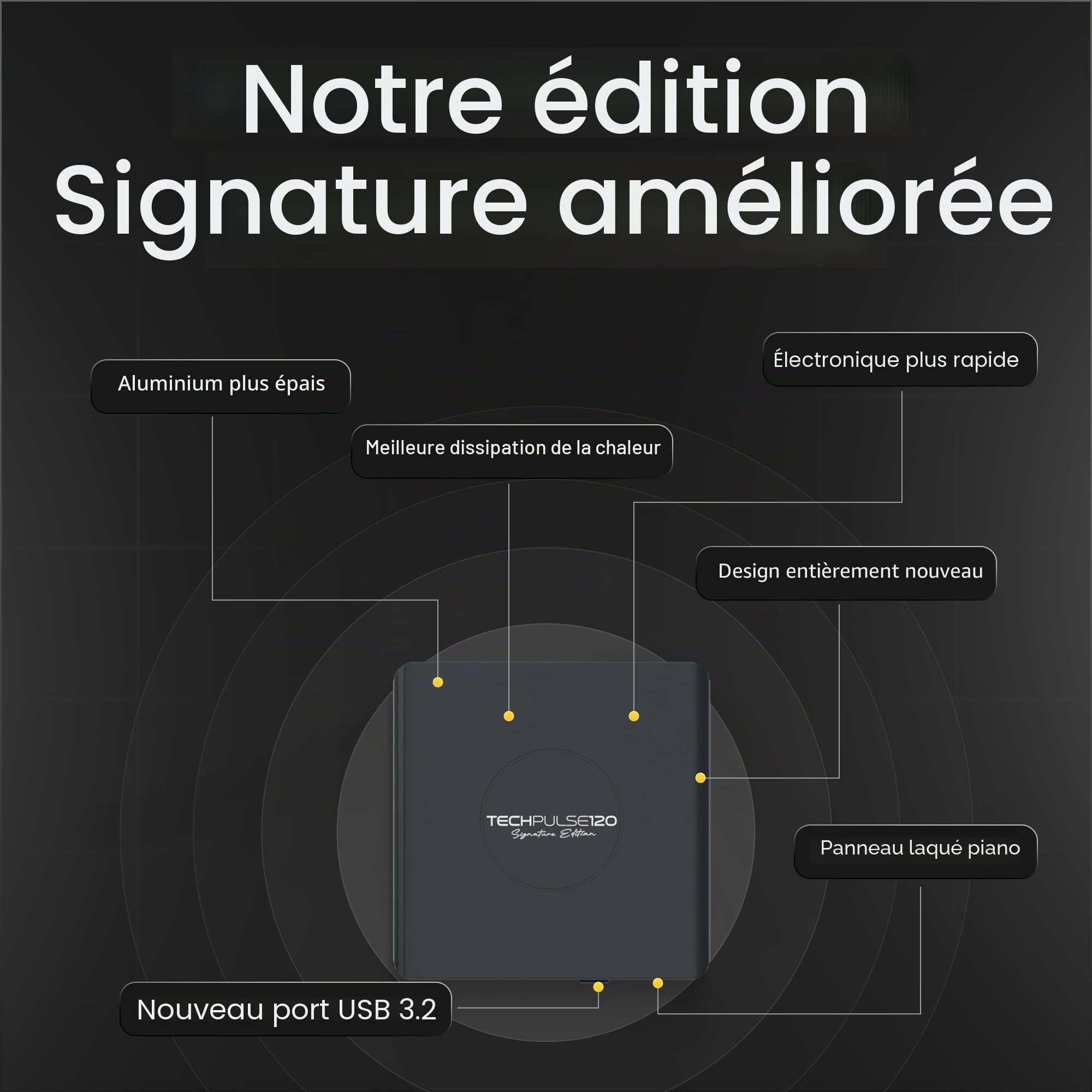 techPulse120 Externe USB 3.1 USB-C UHD 4k 3D M-DISC Blu-ray DVD CD HDR10 128GB Lecteur Graveur Burner Signature Paquet Sac 90cm Câble de Connexion Aluminium (Noir)