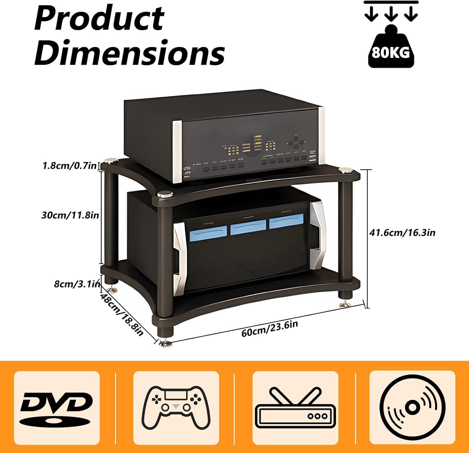 heavy duty audio component rack, large storage space av media stand with shock-absorbing foot pegs, audio rack tower cd player stand for home/office/audio video/theate (black, 2nd) black 2nd
