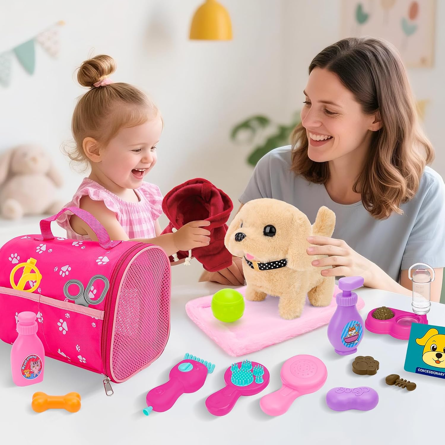 deAO Dog Toys for Kids Stuffed Dog Plush Toys with Carrier Cage,Pet Mat Pretend Play Puppy Pet Care Feeding Playset Toys Gifts for Boys Girls 3 4 5 6 Year Old - Image 6