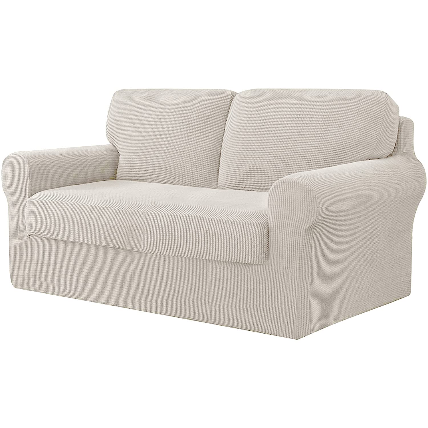 Housse de canapé stretch beige 2 places pour protéger le mobilier familial
