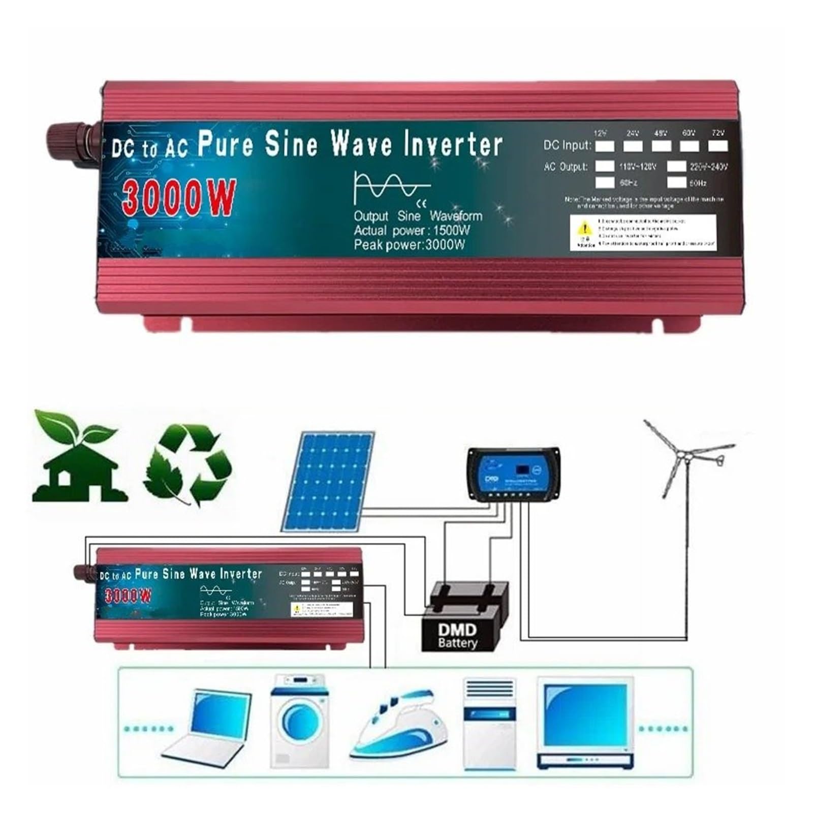Inversor Inversor Onda Sinusoidal Pura 1000 W 1600 W 2000 W 3000 W CC 12 V/24 V A CA 110 V/220 V Convertidor Portátil Energía Solar Convertidor(110V 60Hz,1600W 12V)