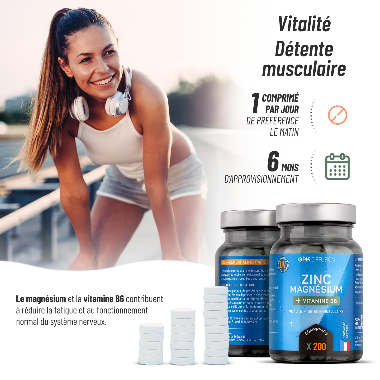 Magnésium marin + Zinc + B6-200 Comprimés - Vitalité - Détente Musculaire - GPH DIFFUSION (Lot de 4)