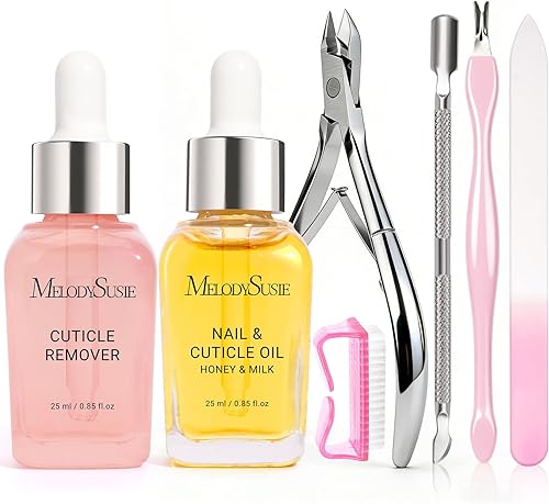 MelodySusie Kit removedor de cutículas, crema removedor de cutículas de 0.8 fl oz y aceite de cutícula, empujador de recortador de cutículas, lima