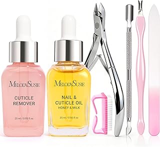 MelodySusie Cuticle Remover Kit,25ML Cuticle Remover Cream and Cuticle Oil,Cuticle Nipper Trimmer Pusher, Nail File and Brush for Cuticle Softener & Moisturize Manicure Kit for Nail Care