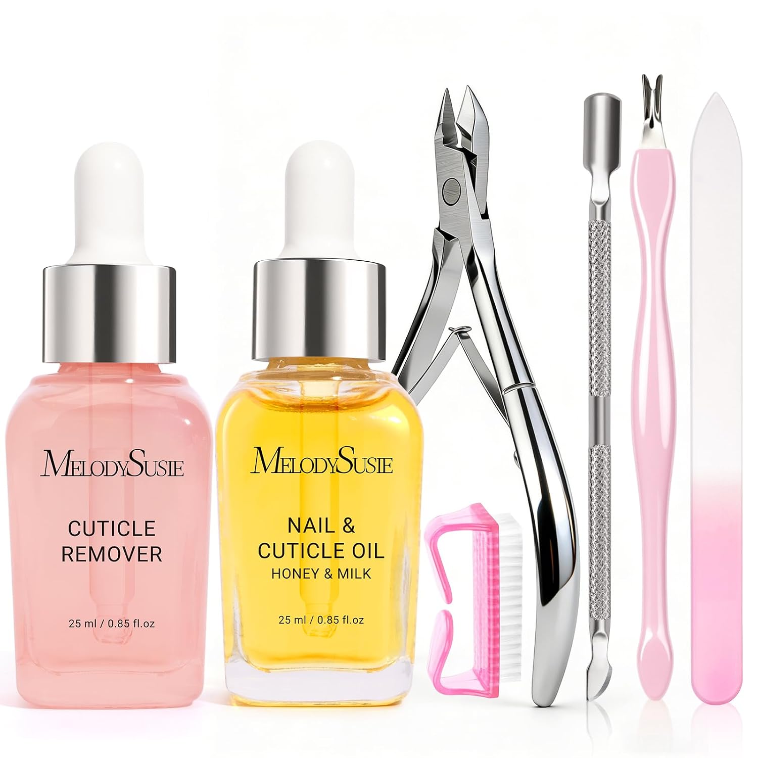 MelodySusie Cuticle Remover Kit 25ML Cuticle Remover Cream and Oil | Cuticle Nipper,Trimmer Pusher,Nail File and Brush for Cuticle Softener & Moisturize Manicure Kit for Nail Care