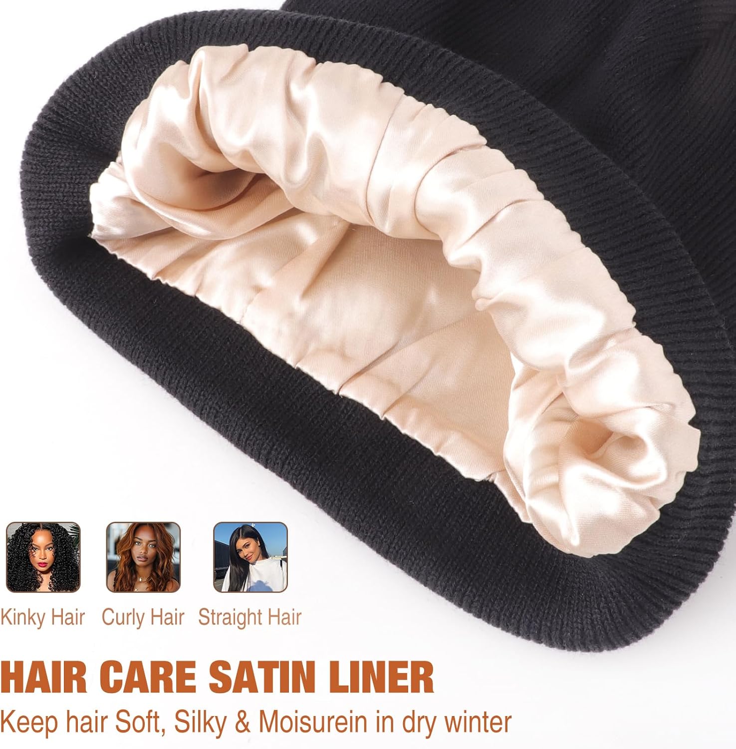 Womens Satin Lined Knit Beanies Hat Warm Silk Lined Winter Hat for Women Men Soft Slouchy Cuffed Unisex Skull Cap - Image 3