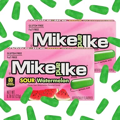 Mike and Ike Sour Watermelon Candy, 2 Pack of Candy Boxes 0.78OZ Each, Ideal Mike and Ike for Your Favorite Films, Perfect for Sharing with Friends.