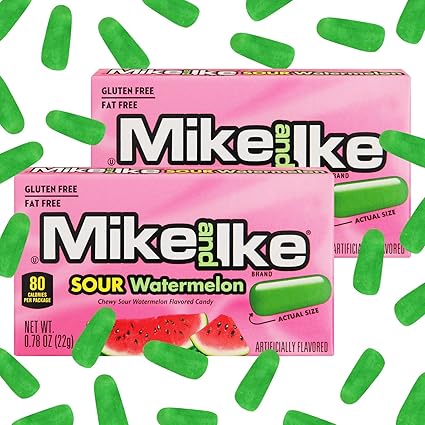 Mike and Ike Sour Watermelon Candy, 2 Pack of Candy Boxes 0.78OZ Each, Ideal Mike and Ike for Your Favorite Films, Perfect for Sharing with Friends.