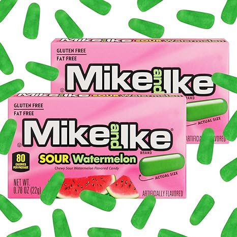 Mike and Ike Sour Watermelon Candy, 2 Pack of Candy Boxes 0.78OZ Each, Ideal Mike and Ike for Your Favorite Films, Perfect for Sharing with Friends.