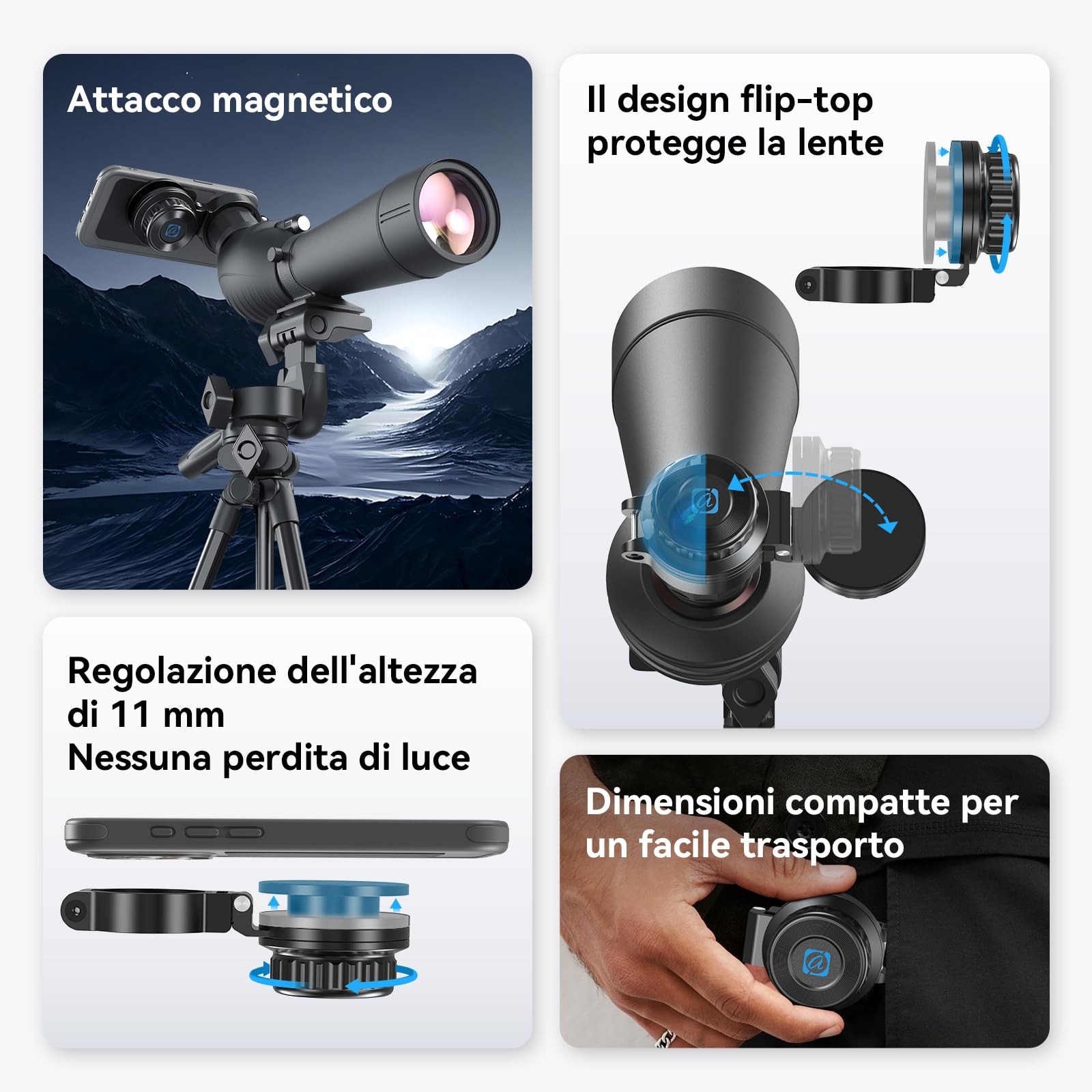 APEXEL Adattatore magnetico universale per smartphone per binocoli, telescopi, cannocchiali e microscopi. Adattatore oculare 45-55mm, compatibile con la maggior parte dei cellulari