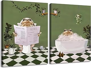 Funny Frog Bathroom Wall Art Whimsical Green Frog in Bathtub Wall Decor Pictures Cute Animal Bathroom Poster Painting Canvas Prints 12x16 inch Framed