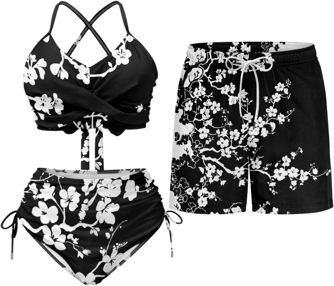 TOADDITDO Two Piece Bikini Sets or Matched Swimming Trunk with Pocekt for Beach Hawaiian Couples Matching Swimsuits