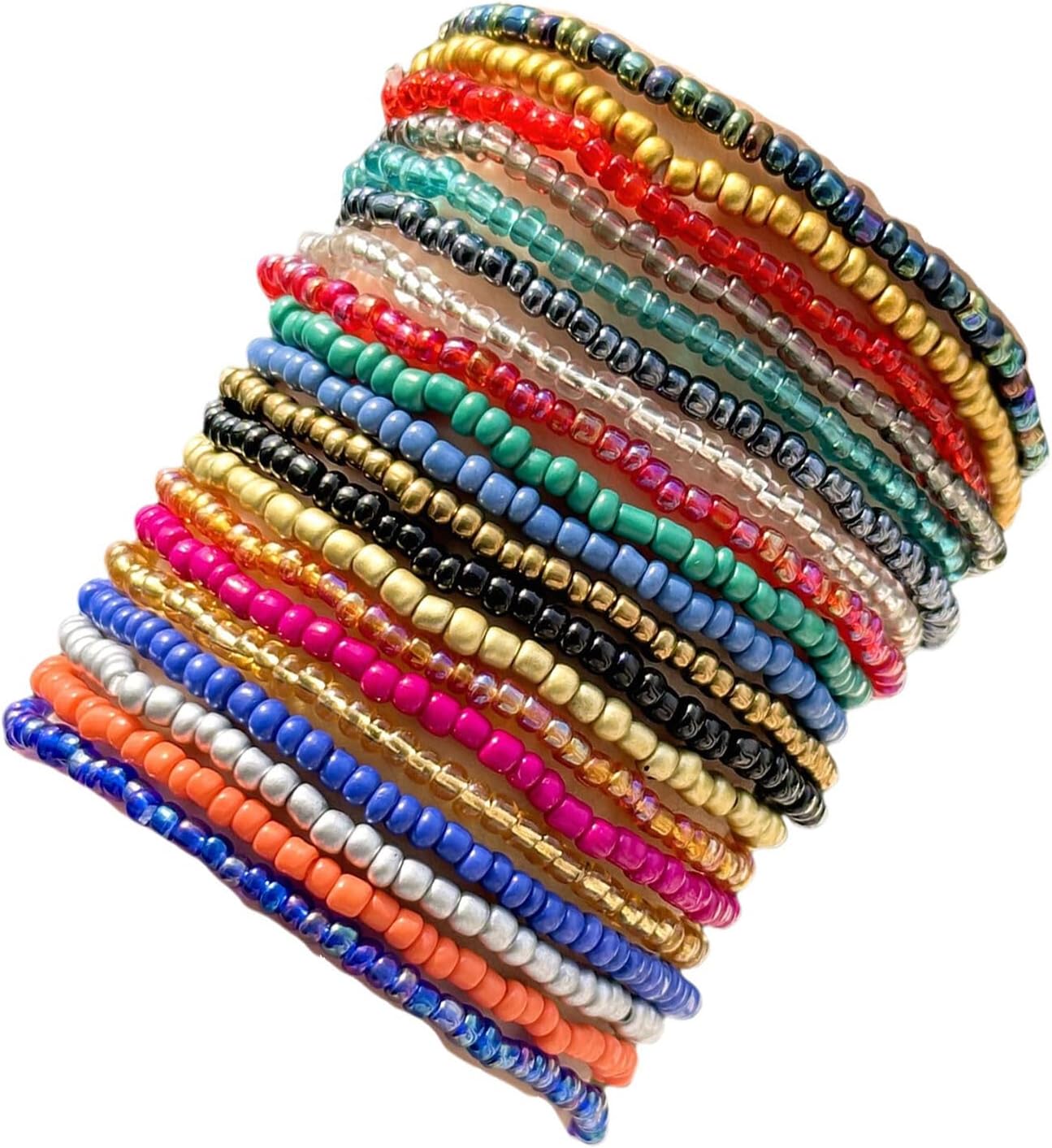 16-30Pcs Handmade Bohemian Colorful Crystal Seed Beads Stackable Adjustable Elastic Stretch Multilayerd Bracelets for Women Summer Vacation Beach Boho Bangle Jewelry