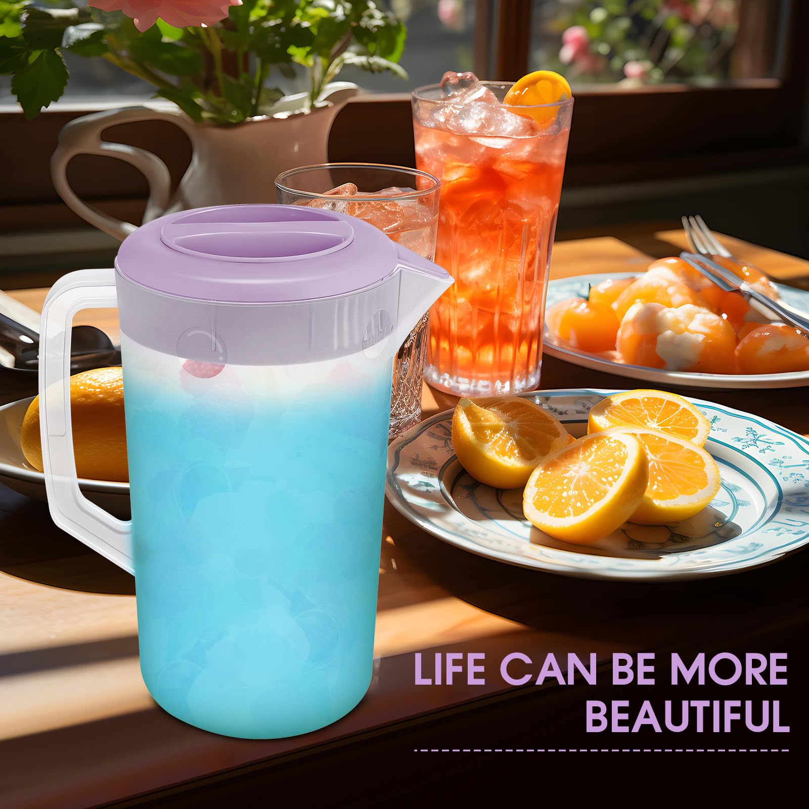 Uiifan 4 jarras de agua de plástico con tapa, boquilla y asa, jarra de plástico para zumo, bebidas de té, para nevera, jarra de agua, para limonada, leche, bebida fría, hogar, fiesta diaria