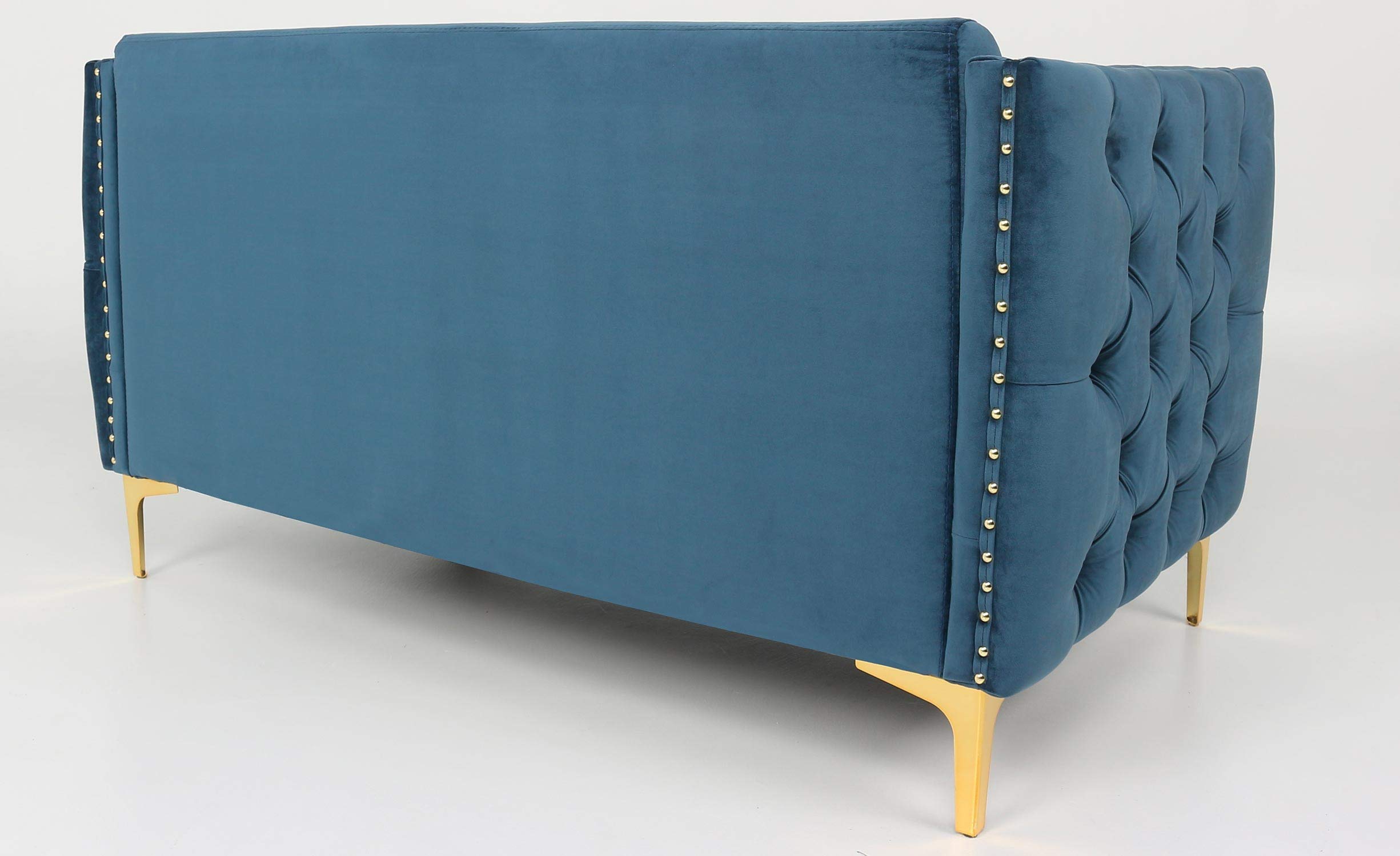 Menzzo Canapé 2 Places L145 cm Joshua Velours Bleu – Canapé Capitonné Design Chic avec Pieds Métal Doré – Canapé Compact Confortable pour Salon & Petit Espace
