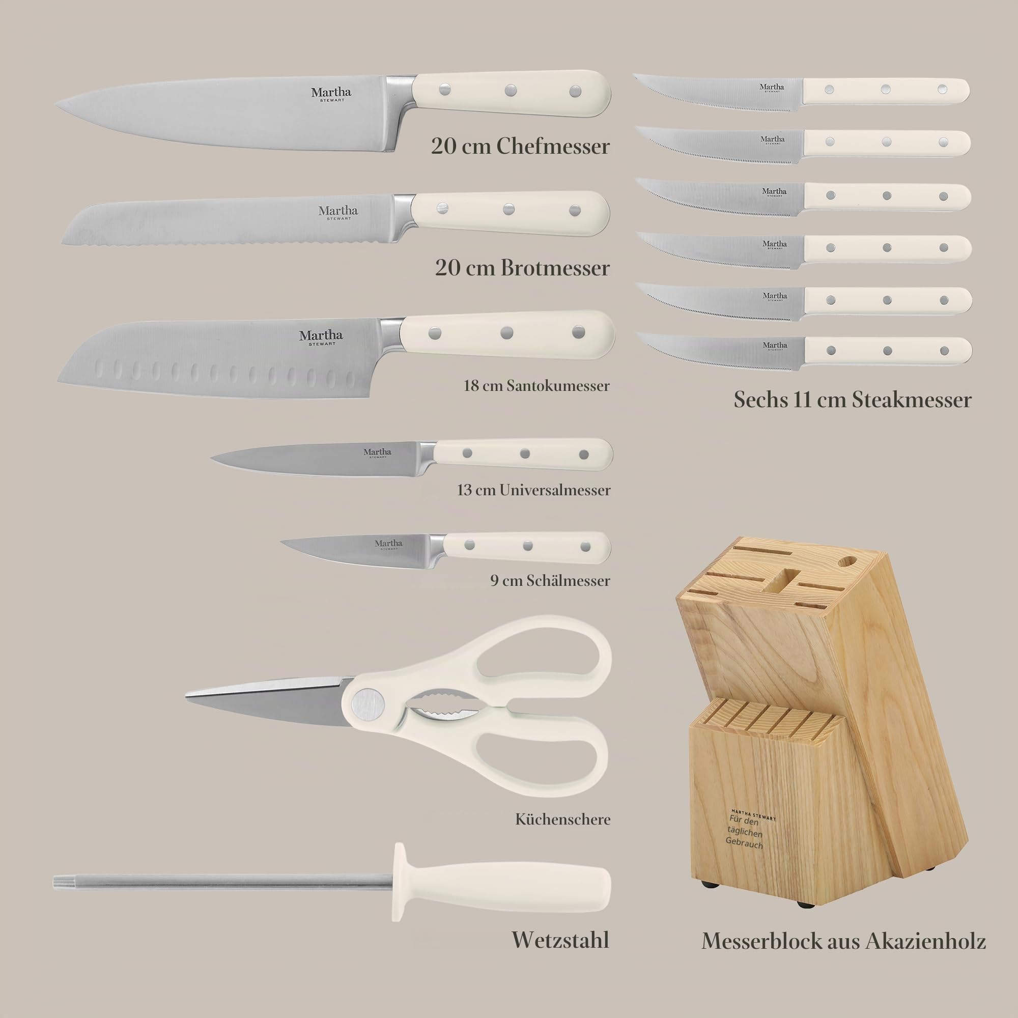MARTHA STEWART Eastwalk 14-teiliges Messerblock-Set, aus hochwertigem Karbonstahl, mit ABS, dreifach geriffelter Griff, Akazienholz, Weiß