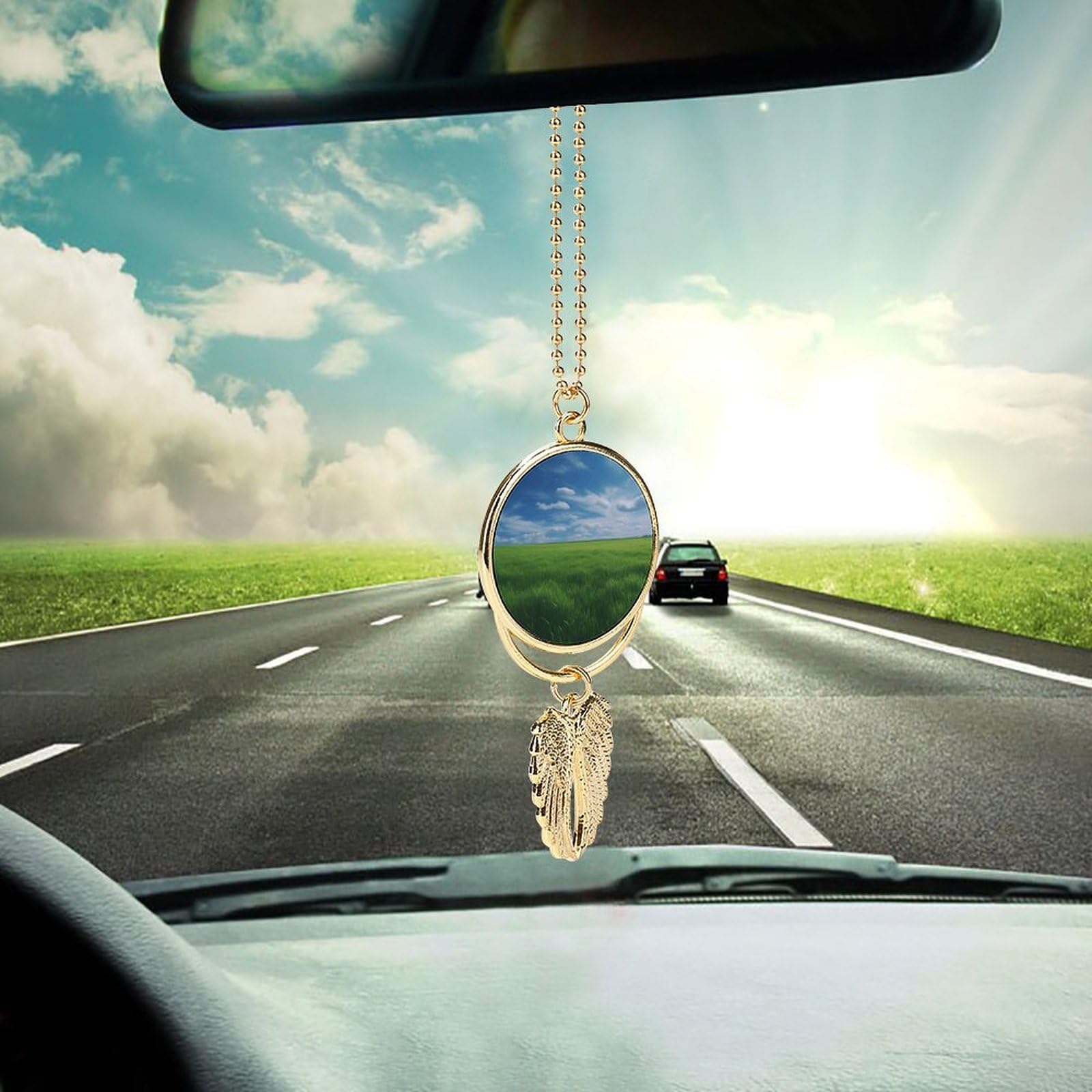 Metal Car Pendant Charms Field Green Grass Car Rear View Mirror Charms Angel Wing Auto Rearview Mirror Hanging Interior Ornament Pendant Car Accessories for Women Men Car Interior Decor