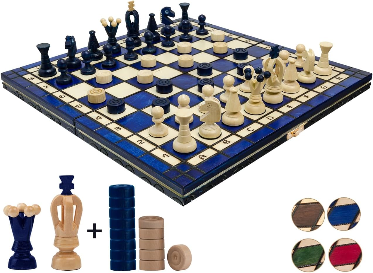 Master of Chess Wooden Chess Board 35 cm and Checkers with Chess Pieces 2 in 1 – Handmade Folding Travel Chess Game – Small Chess Game for Children and Adults