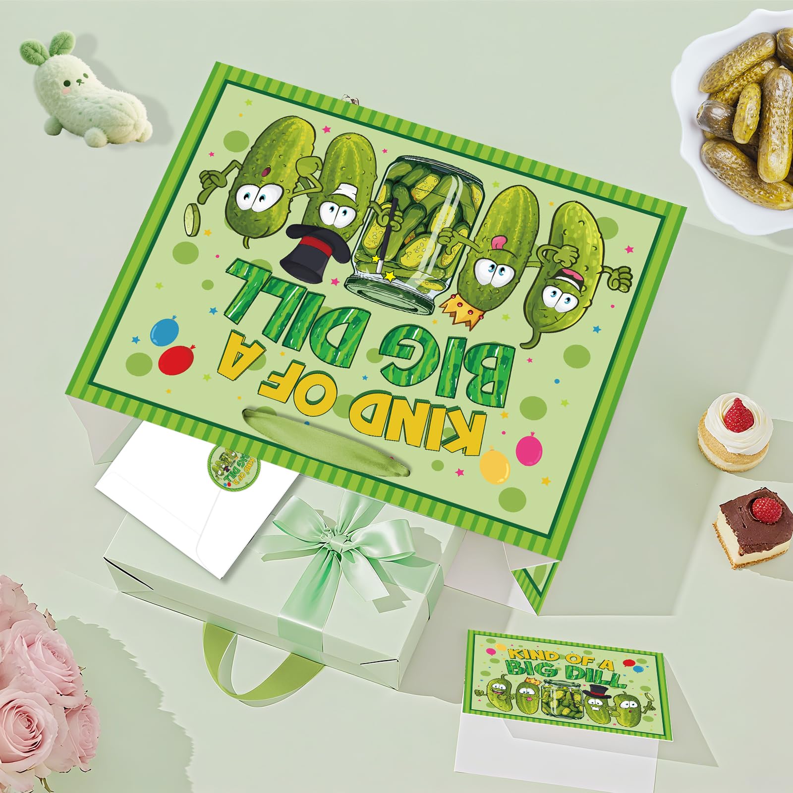 Allparty Funny Pickle Gift Bag Cute Pickle Birthday Bag with Wrapping Paper Card Sticker Envelope Fruit Vegetable Cucumber Party Goodies Favors Bags for Boys Girls Baby Shower Gifts Wrap