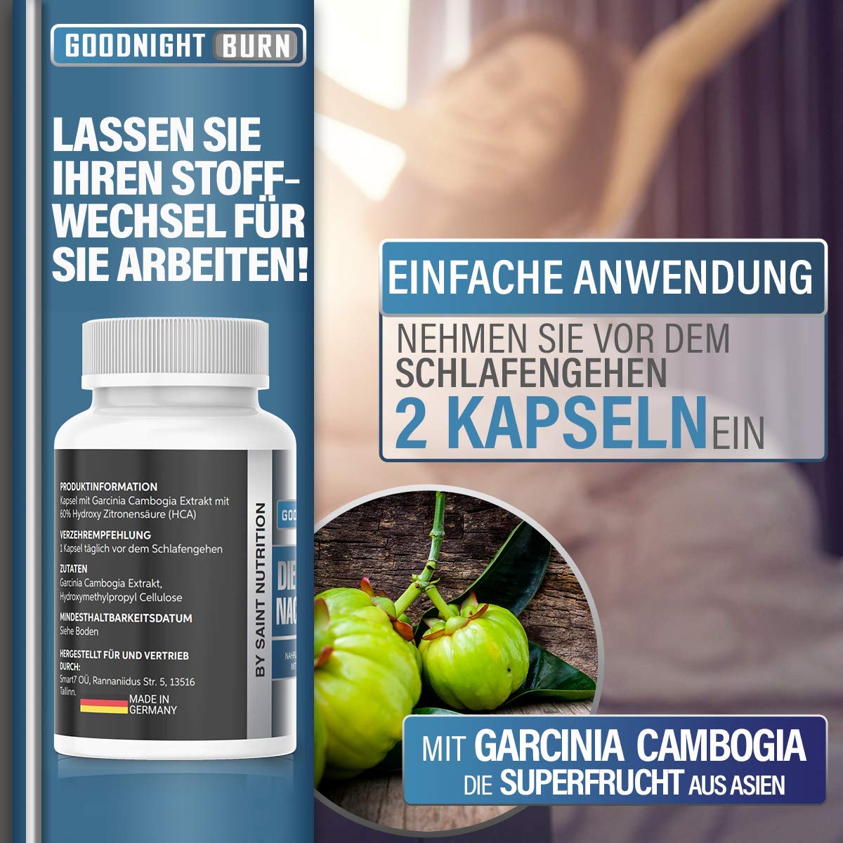 Saint Nutrition® GOODNIGHT F-BURN Kapseln Vegan - 1 Kapsel für die Nacht mit Garcinia Cambogia - für Männer & Frauen, schnell + hochdosiert