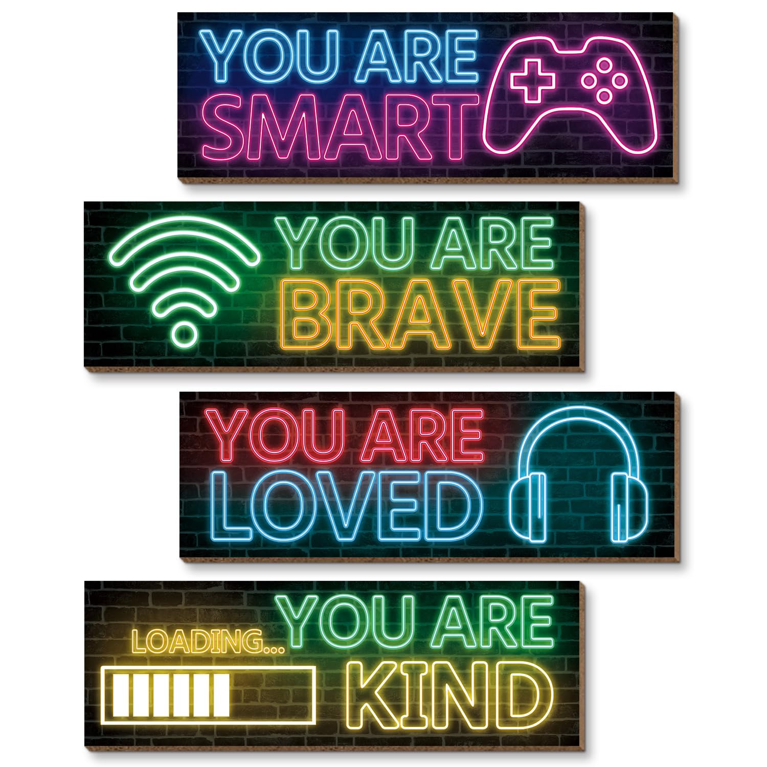 4 Pieces Neon Gaming Wood Sign Wall Decor, Video Game Wall Art Gamer Hanging Plaques For Playroom, Boys, Teenagers, Kids Bedroom Decorations (Neon C)
