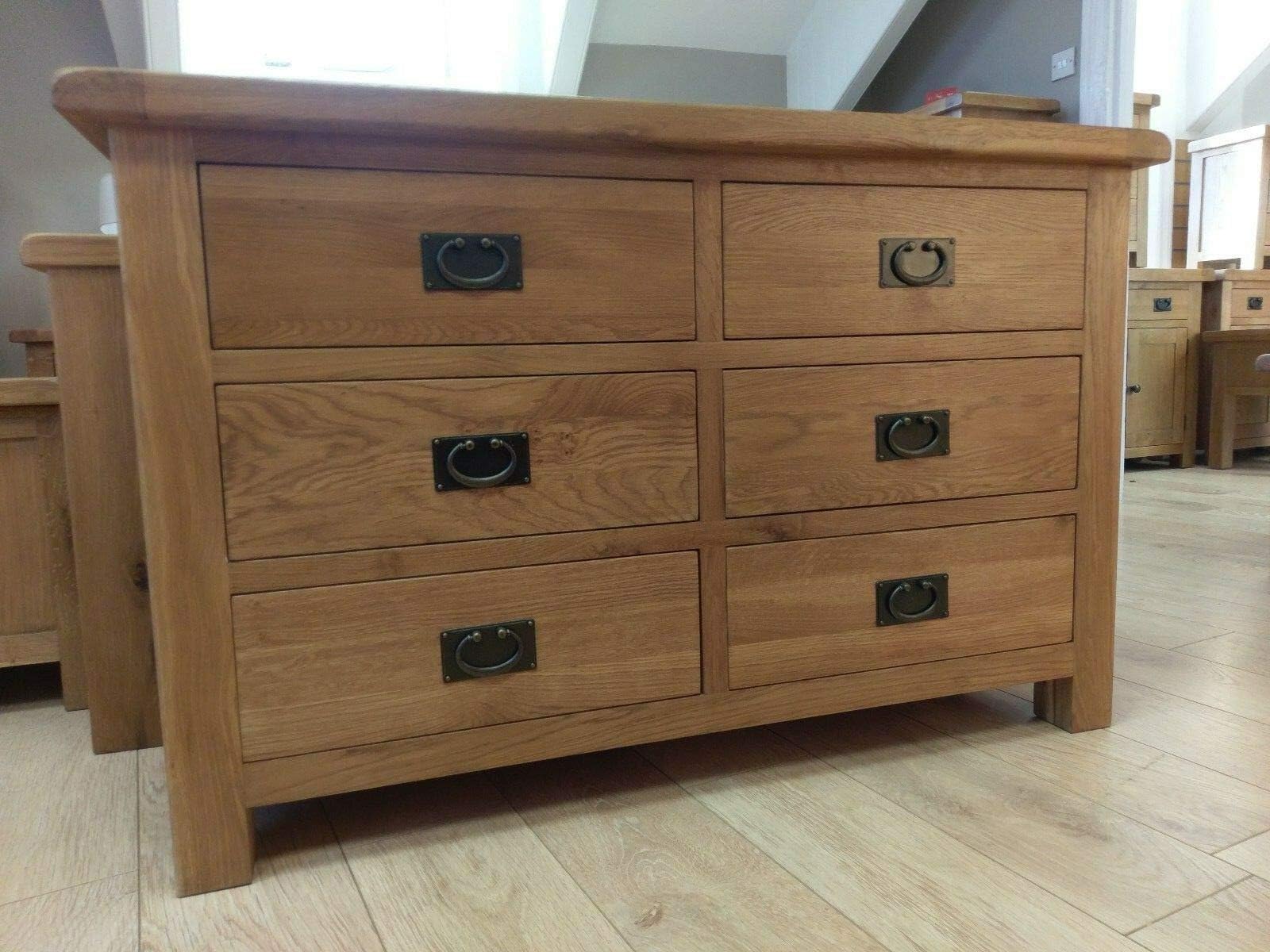 Furniture Octopus OAKVALE CHUNKY OAK 6 DRAWER CHEST - WIDE LOW BEDROOM DRAWERS - SOLID WOOD - 120CM WIDE