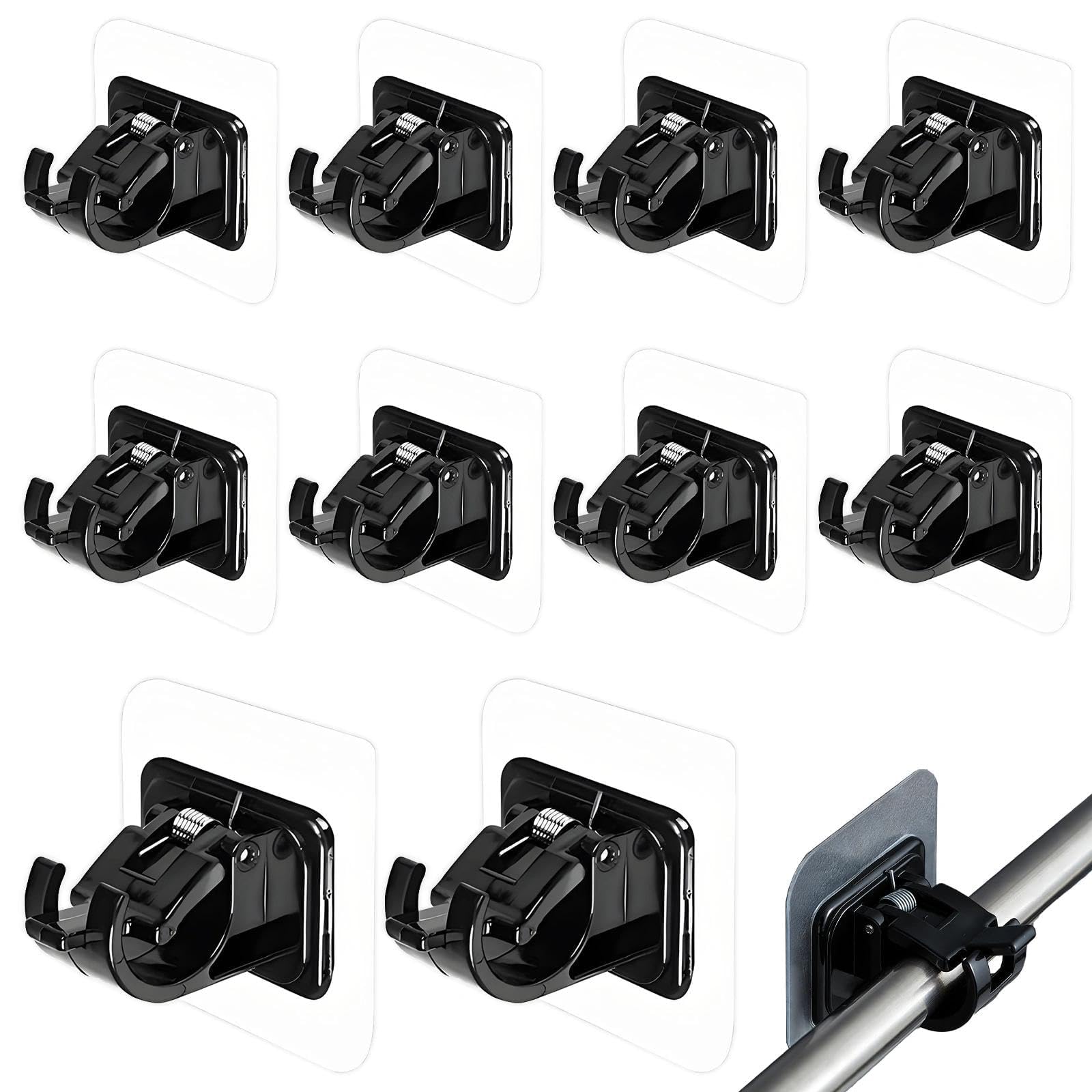 HAOXIZI 10 Pcs Towel Rod Drapery Hook Holder, No Drill Curtain Poles Brackets, Fixing Rods Holder, Self-Adhesive Curtain Hooks, for Home Bathroom, Kitchen, Hotel, Black