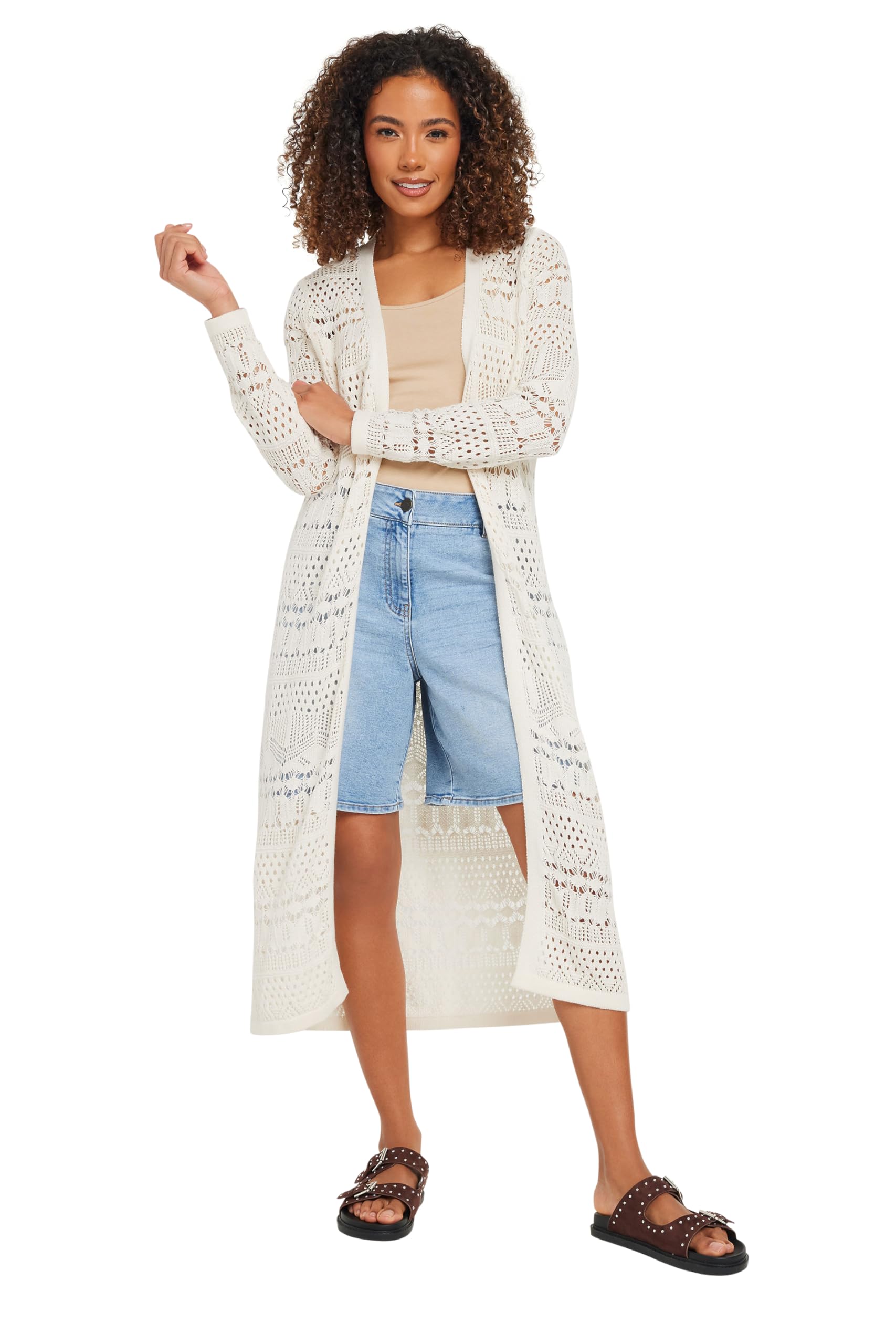M&Co Women's Cream Longline Crochet Cardigan Size 10-12