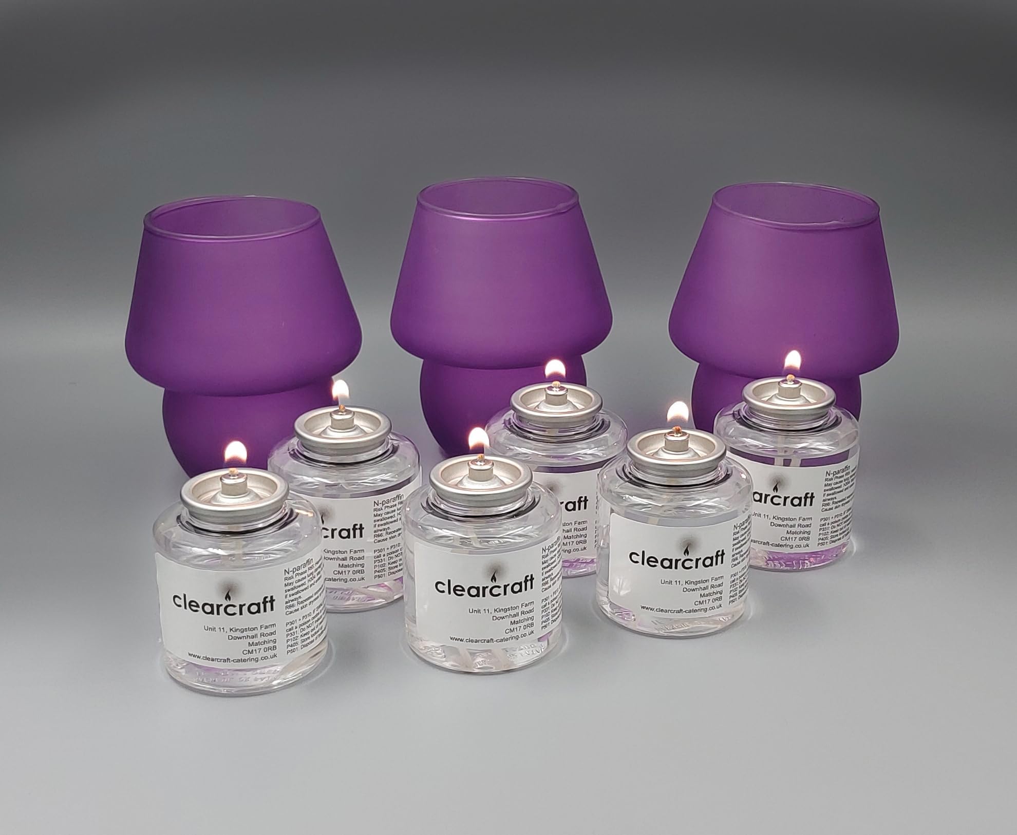 3 x Indoor or Garden Glass Shanghai Oil Lamp Shades with 6 x 24 Hour buring time smokeless, odourless Liquid Wax Candles. (Purple)