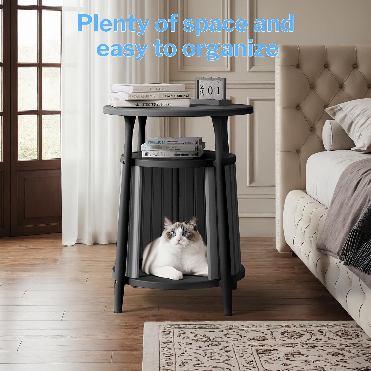 Indoor Outdoor Multi-Functional Side Table with Pet Shelter, 17.72×17.72×23.54INCH Stylish End Table with Hidden Pet House for Small Cats (Black, 17.72 * 17.72 * 23.54)