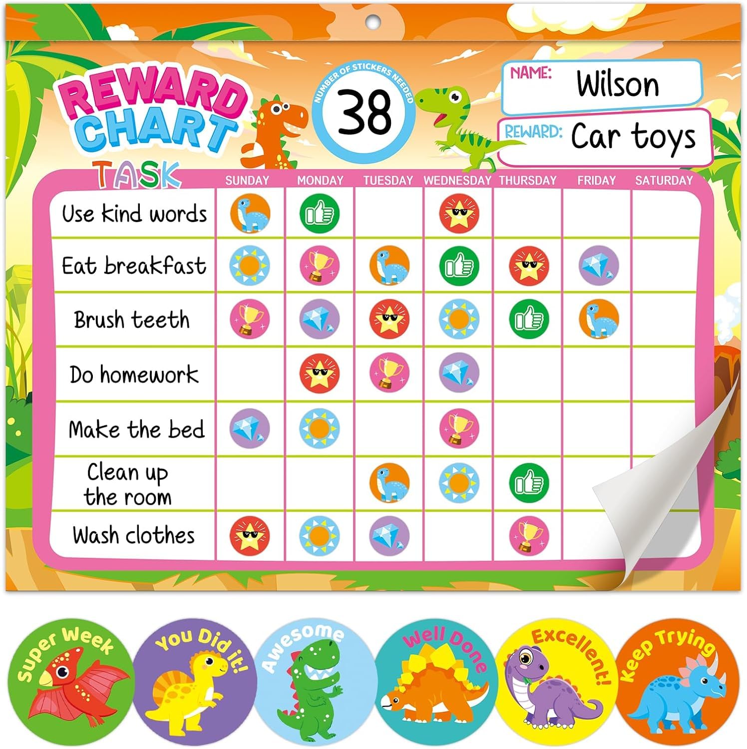 Reward Chart for Kids Behavior Chart Pad with 30 Chore Charts, 2016 Reward Stickers, 96 Incentive Stickers to Motivate Responsibility & Good Habits (DINOSAUR)