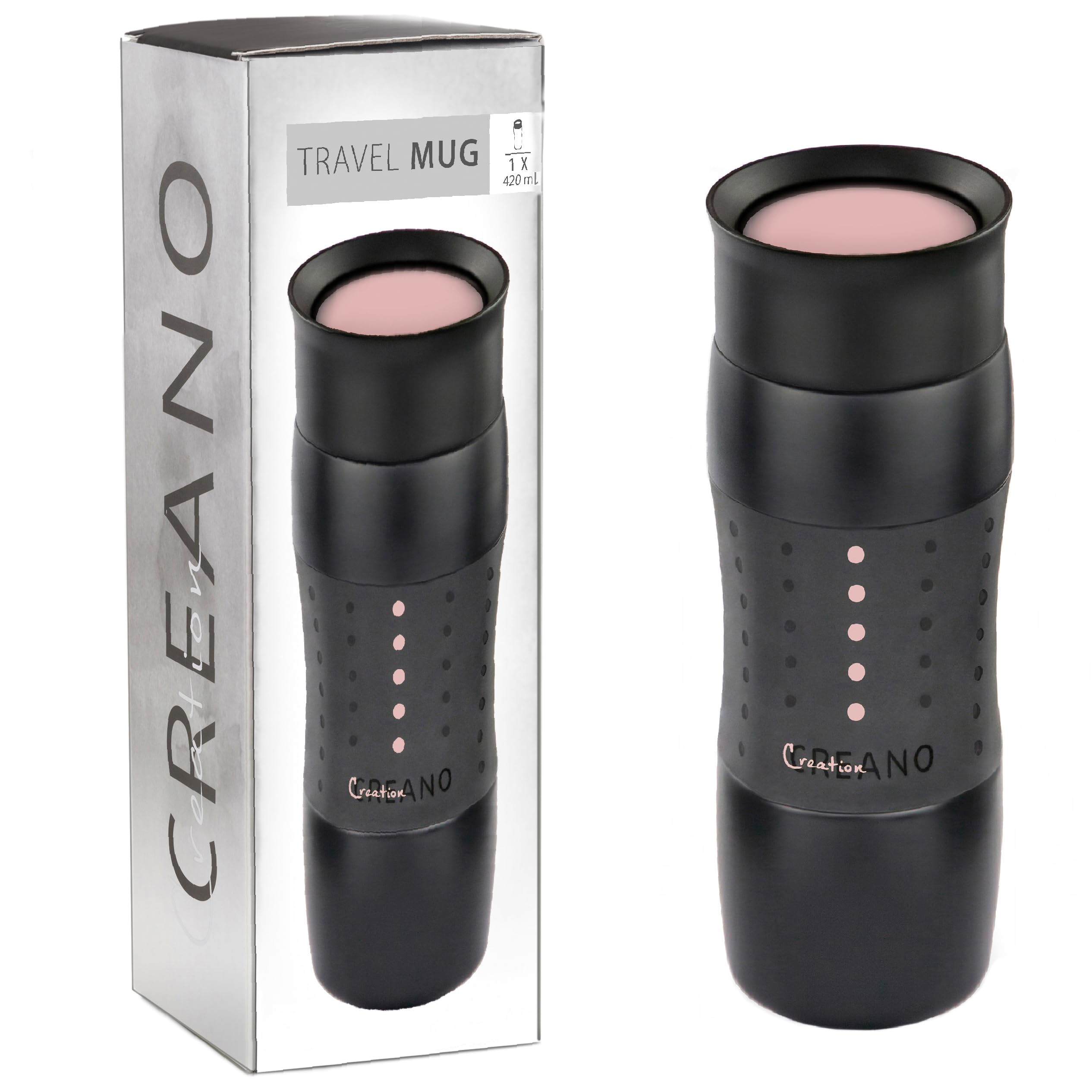Creano Design Travel Mug 420ml, Coffee to Go Becher, Thermobecher, Isolierbecher, hält 4h heiß/ 7h kalt, 100% dicht & auslaufsicher, 360°-Trinköffnung | Rosa