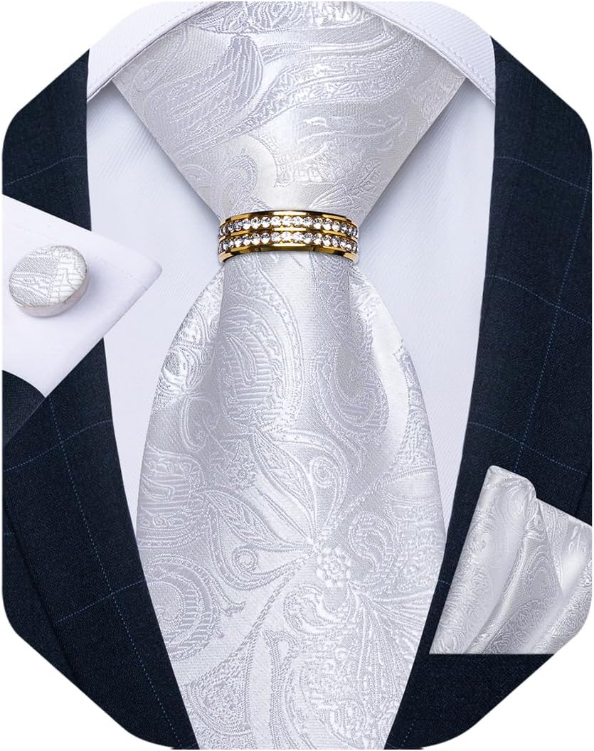 DiBanGu Mens Tie Set Silk Necktie and Gold Tie Ring Pocket Square Cufflinks Formal Business Wedding Ties with Gift Box