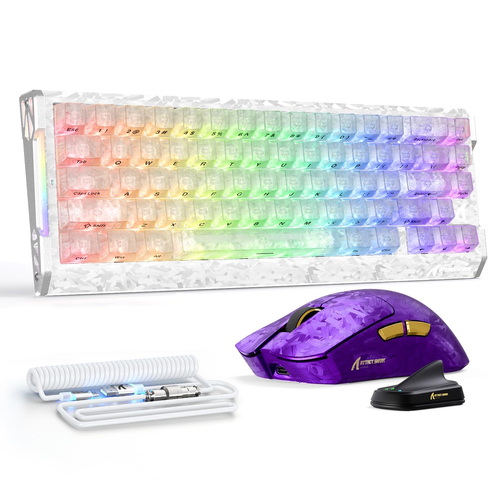Teclado magnético con Cable para Juegos de 8000Hz con gatillo rápido de Fibra de Carbono, Intercambiable en Caliente; ratón inalámbrico PAW3950 Tri-Mode de 42000DPI y Cable USB-C en Espiral con RGB