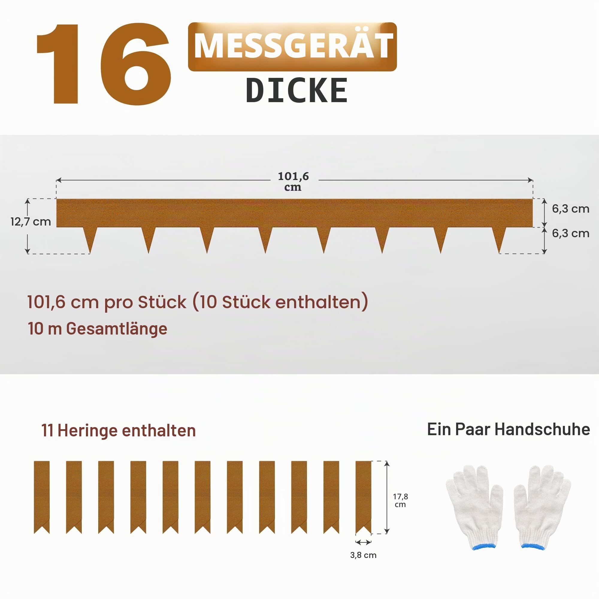Rasenkante aus Cor-Ten Stahl 12,7 cm Höhe - robuste dekorative Umrandung aus Metall (10 m Gesamtlänge) mit 11 Clips und Handschuhen